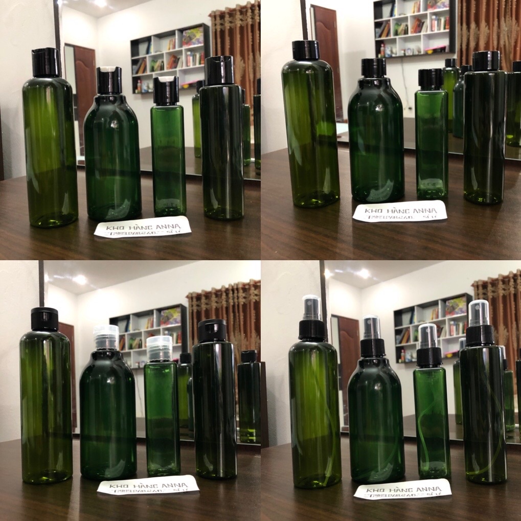 5 Chai nhựa màu xanh rêu đủ dung tích 100ml/ 150ml/ 200ml/ 300ml/ 500ml- Combo 5 Chai Pet xanh vòi nhấn giọt, nắp nhấn, xịt sương , nắp bật đen , nắp nhấn , nắp nhôm , bóp xịt kính phun sương  - 5 Vỏ Chai nhựa màu xanh