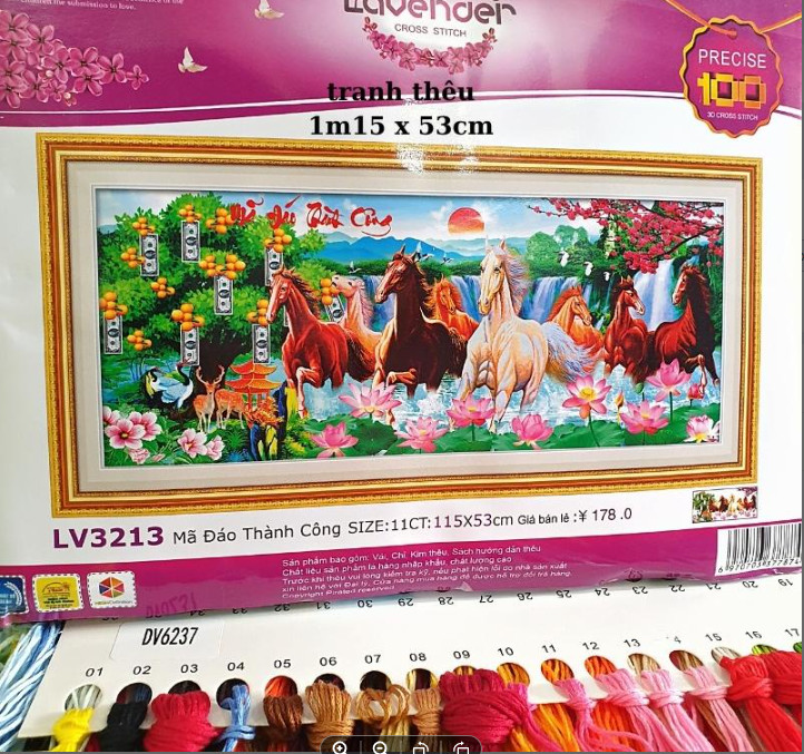 Tranh đính đá LV085 LV107 (1m10 x 50cm), tranh thêu chữ thập mã đáo thành công LV3213 (1m15 x 53cm) ngọc thịnh