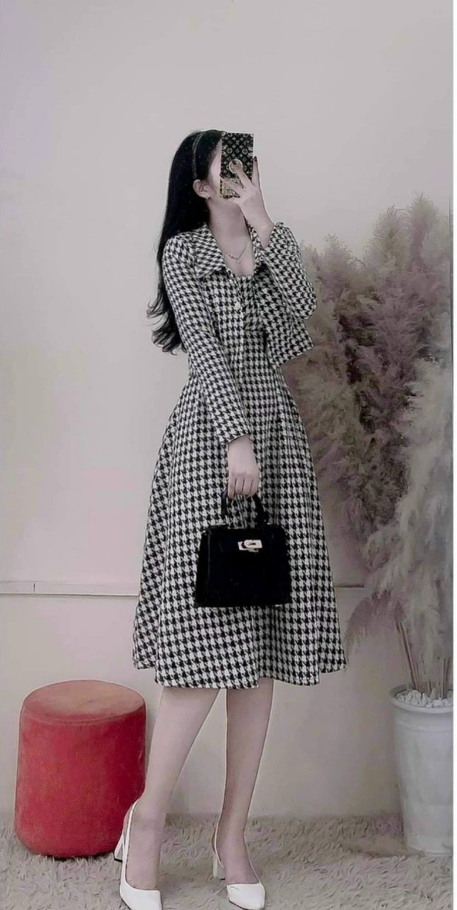 Sét đầm caro nữ 2 dây from dài dáng xòe sang chảnh kèm áo khoác ngoài tay dài cổ bẻ phối nút xịn xò cho nàng công sở ( Shop 79)