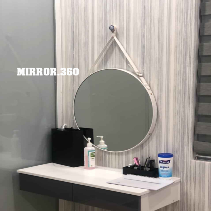 (Size 60cm) Gương Tròn Treo Tường Viền Da Simili (Màu Trắng). Tặng kèm phụ kiện treo gương.