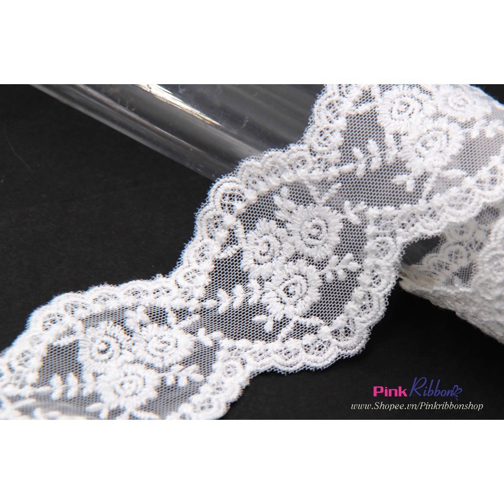 Ren trắng thêu hoa dày, bề rộng 6.5cm