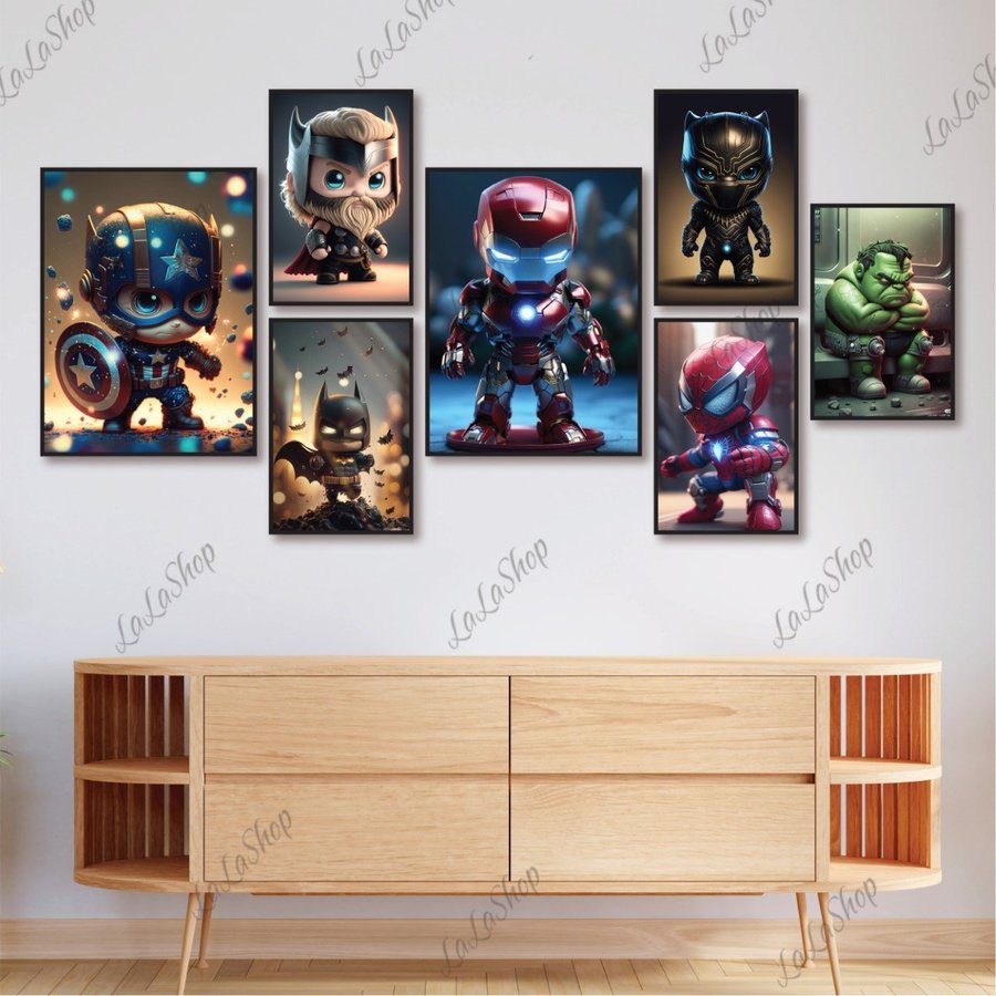 Bộ tranh dán tường 7 tấm Siêu anh hùng decor phòng bé Pikachu, Minion, Doraemon in formex - Có ảnh thực tế - Tranh dán tường phong có sẵn keo tranh bộ treo phòng ngủ giá rẻ