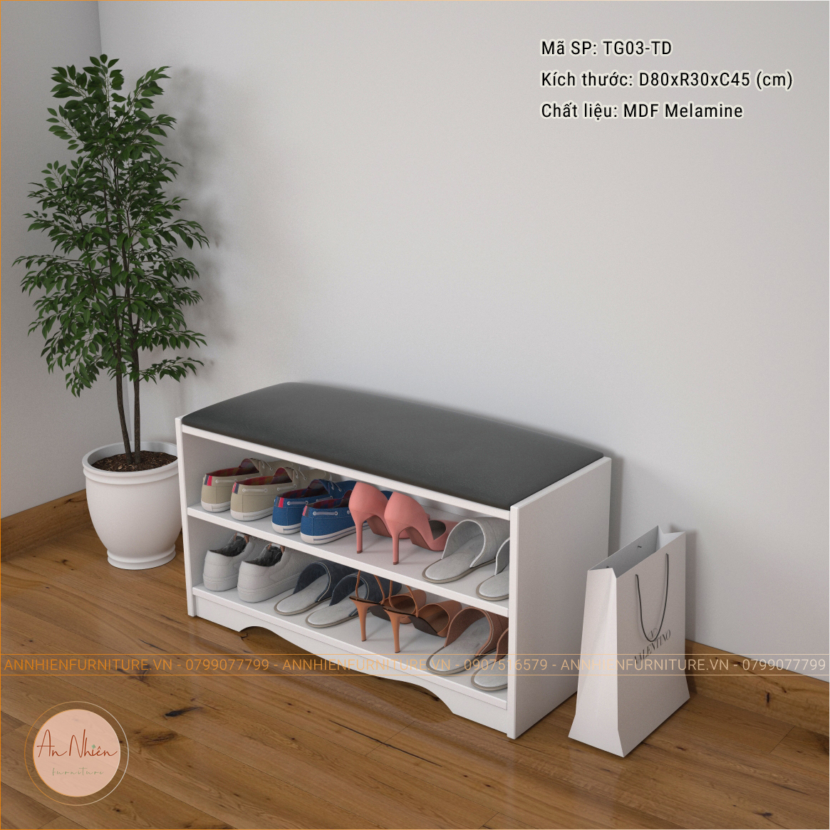 (TG03-CN)Tủ Giày Cao Cấp Kiêm Ghế Nệm Ngồi Thay Giày