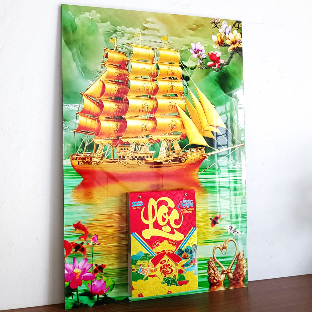 Lịch gỗ treo tường 2024, lịch tráng gương bằng gỗ Thuận Buồm Xuôi Gió có gắn bloc lịch năm mới