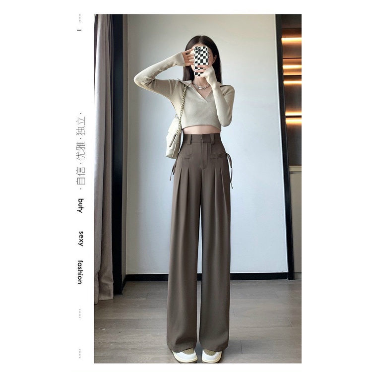 Quần ống rộng dây túi ngang phong cách ulzzang-Quần Suông Ống Rộng Nữ Kiểu Mới Hottrend Cạp Cao Dây Rút Túi Trước