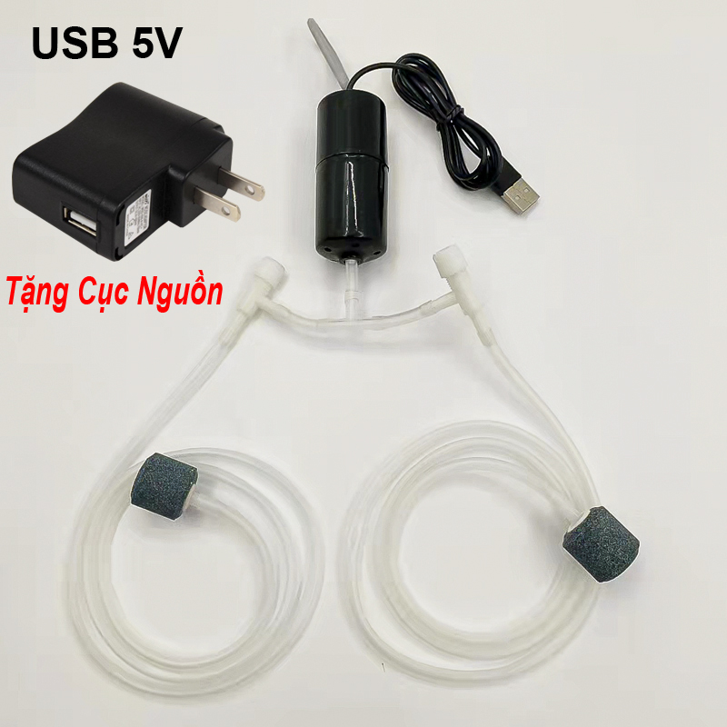 Máy bơm oxy cho bể cá cổng usb 5v có 2 đầu thổi oxy