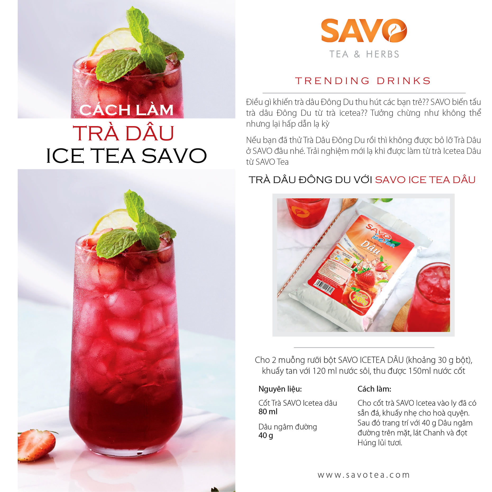 Trà Dâu Hòa Tan SAVO (Strawberry Icetea) - Túi 800g