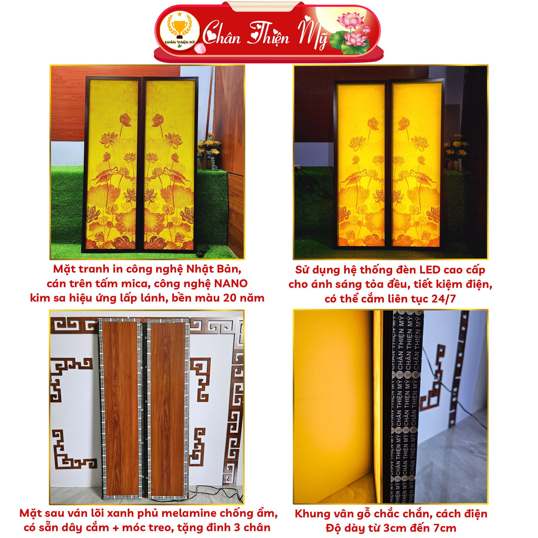 Tranh In Trúc Chỉ Bộ Đôi Cao Cấp CHÂN THIỆN MỸ, Đèn Phong Thủy Trang Trí Phòng Thờ, Bàn Thờ TC-TD-06