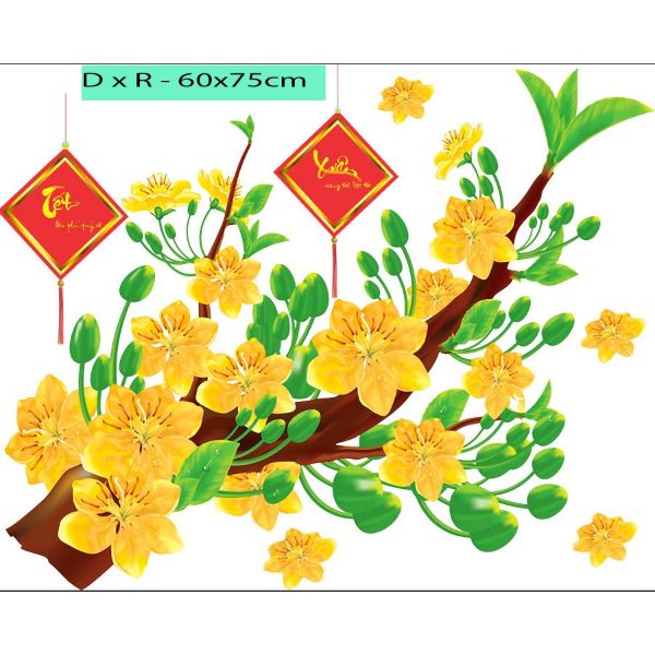 Decal trang trí tết decal dán cửa kính cành mai vàng PK628