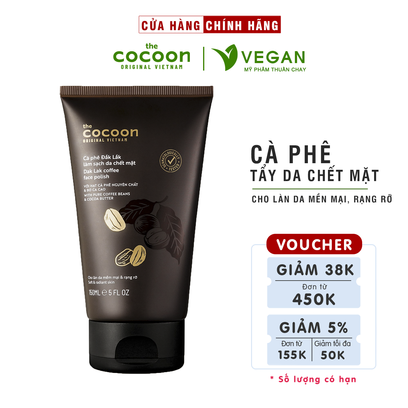 Cà phê Đắk Lắk làm sạch da chết mặt Cocoon 150ml coffee face polish, tẩy tế bào chết sáng mịn da đều màu - VEGAN Mỹ phẩm thuần chay