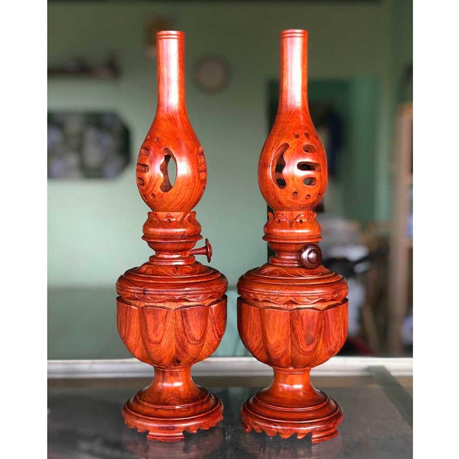 Bộ đèn dầu gỗ hương ,, đèn dầu gỗ hàng nguyên khối đèn thờ