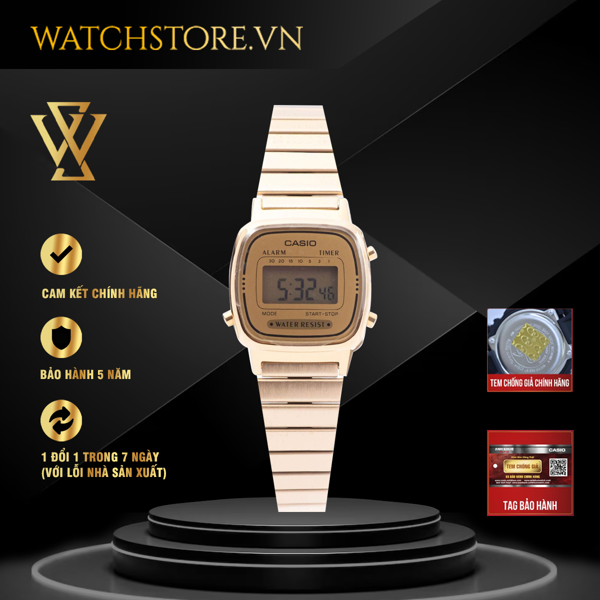 Đồng hồ điện tử nữ casio chính hãng watchstore la670wga-9df thiết kế mặt kính nhựa 24.6 mm, dây đeo kim loại màu vàng nữ tính