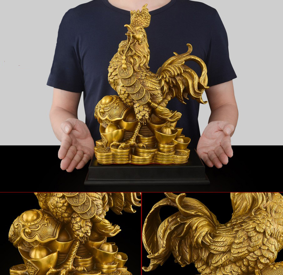 Tượng Gà Trống đồng - Chất liệu đồng thau cao 24cm nặng 1000g + Tặng xâu tiền lục đế (linh vật phong thuỷ cấm tiệt thói trăng hoa)