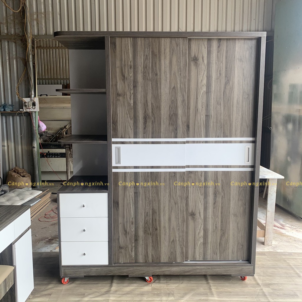 Tủ Quần Áo, Tủ Đựng Đồ Gỗ MDF Cửa Lùa Có Kệ CPX-T28 Màu Xám Phối Trắng Cực Xinh