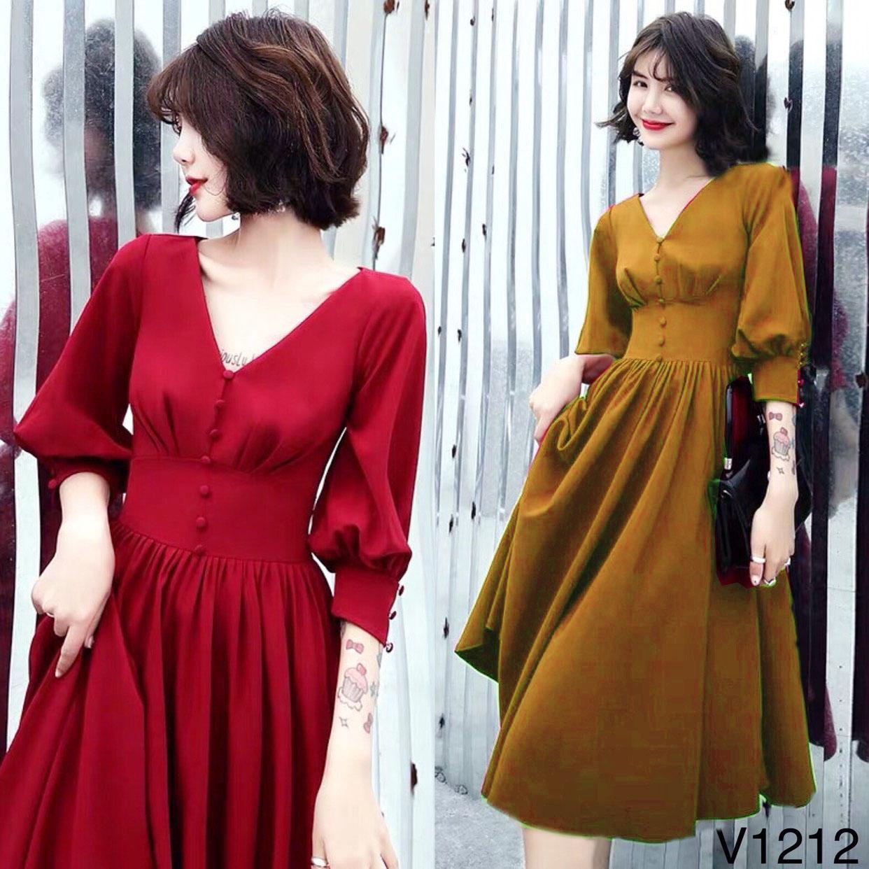 [HCM]Đầm Cổ V Phối Nút