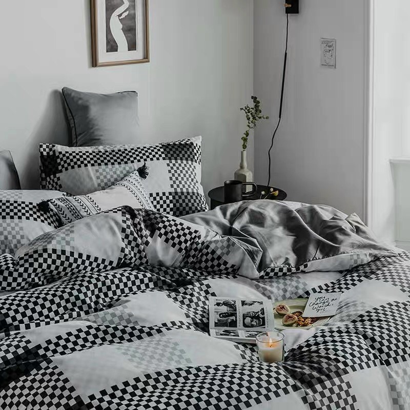 Trọn Bộ 4 Món Cotton Poly Nhập Mẫu KẺ Ô VUÔNG ĐEN BÉ