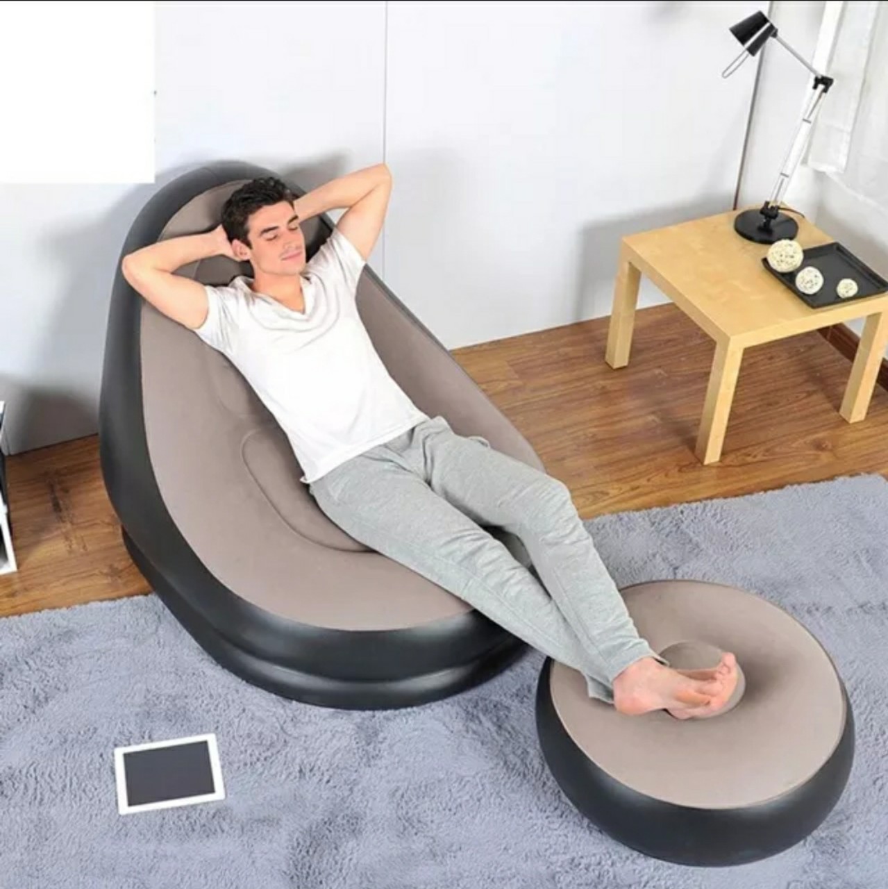 Ghế Hơi Tựa Lưng Bọc Nhung, Mềm Mịn Êm Ái, Có Đệm Hơi Lót Chân Cao Cấp, Ghế Bơm Hơi Tựa Lưng Đọc Sách Giúp Giảm Stress -Kiểu Dáng Sang Trọng Tinh Tế.
