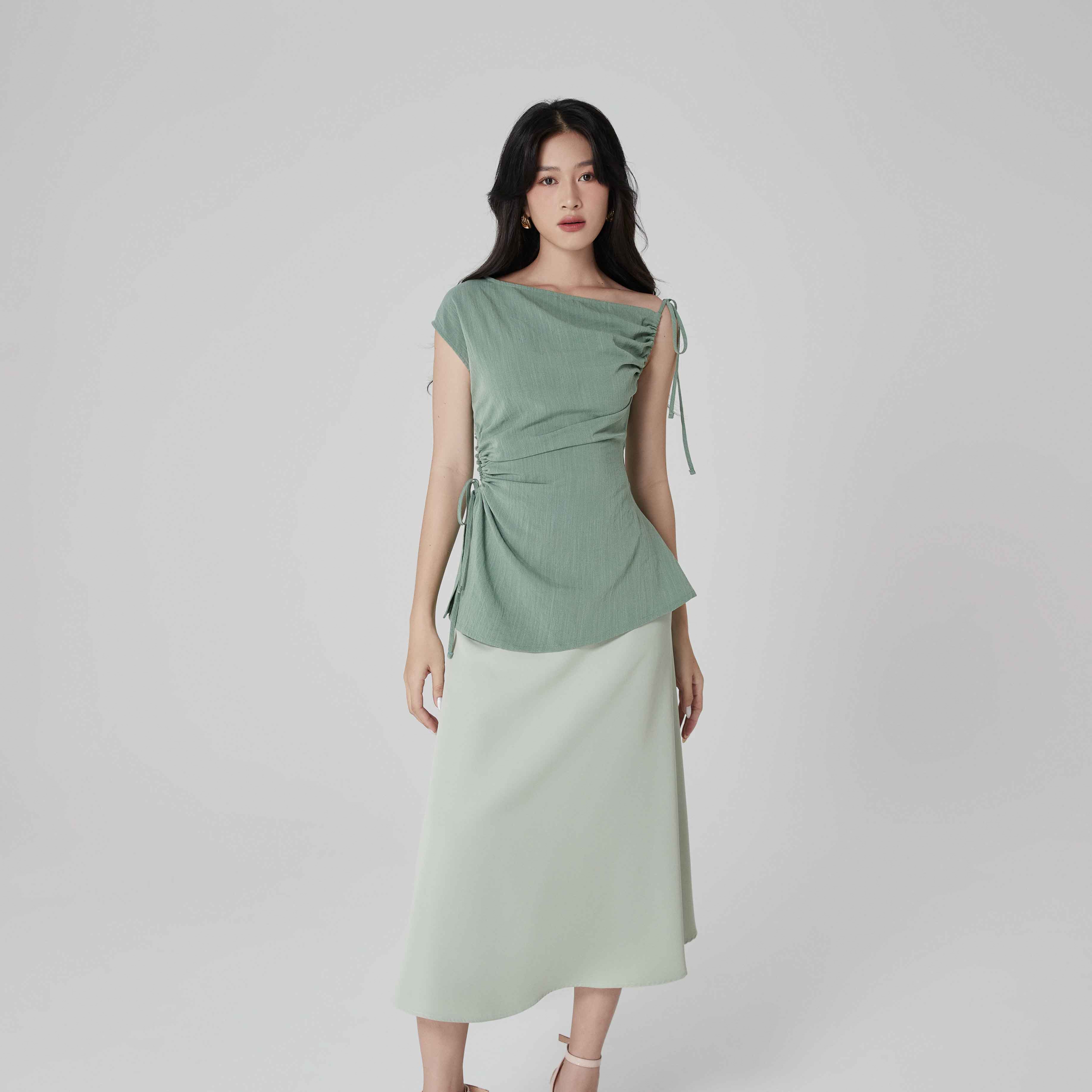 Áo Maybi kiểu ôm linen thun phối rút dây