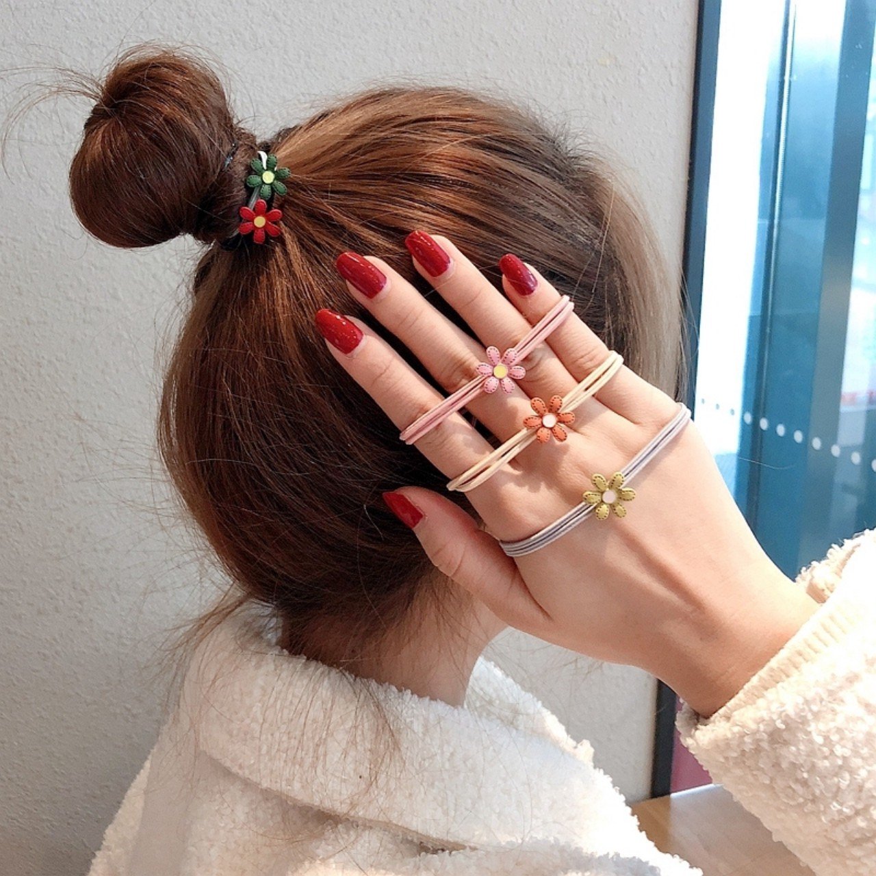 BỘ 05 CỘT HOA 6 CÁNH PASTEL - CỘT TÓC LEN MÀU DẠ QUANG