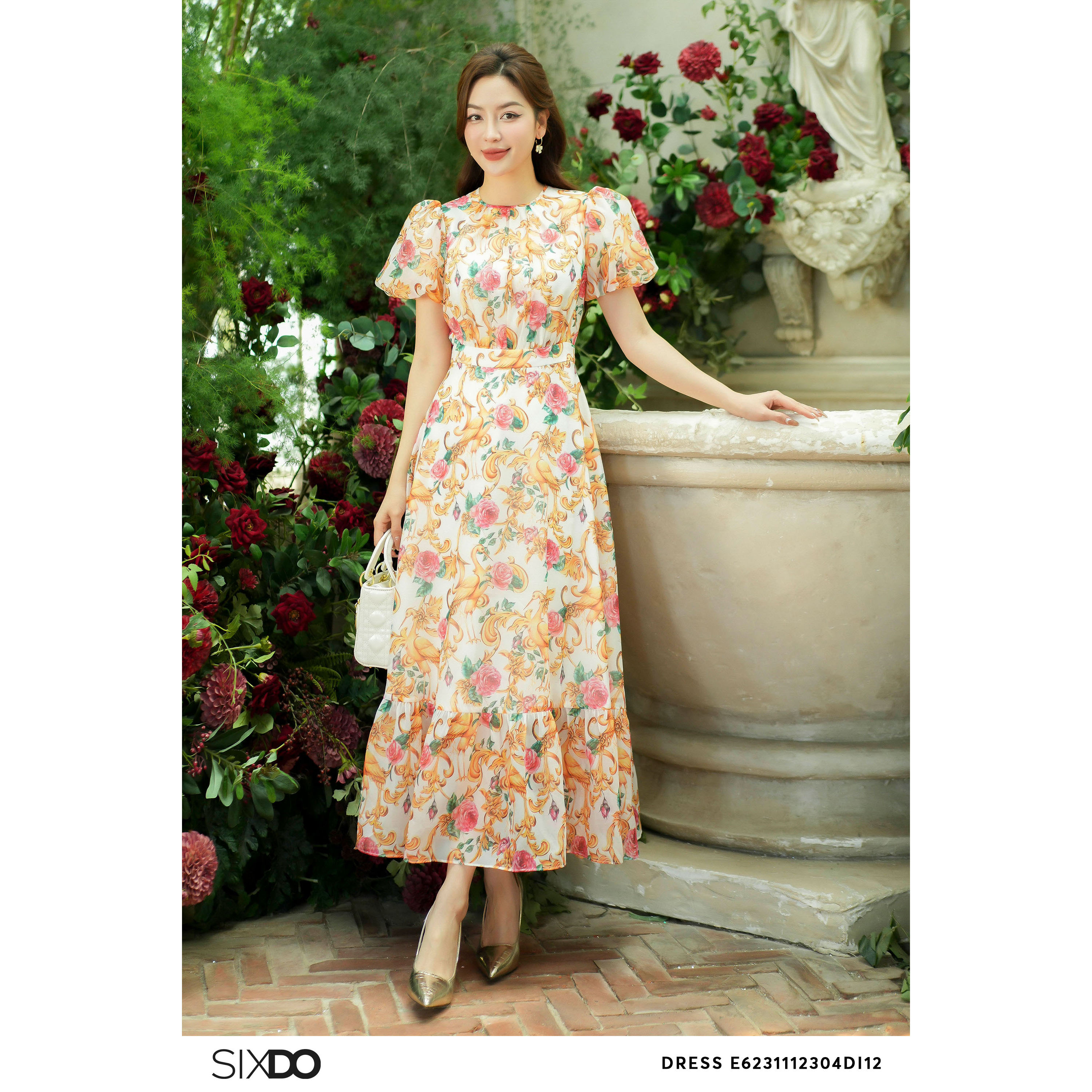 Đầm tơ organza tay phồng SIXDO (Print Organza Midi Dress)
