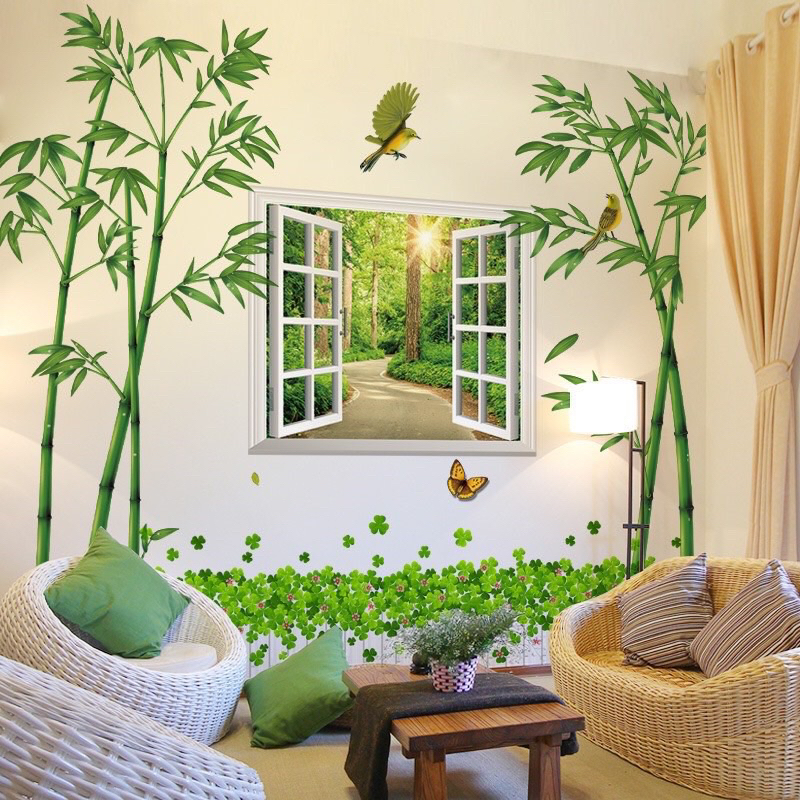 Decal dán tường cành trúc bên cửa sổ(tranh ghép)