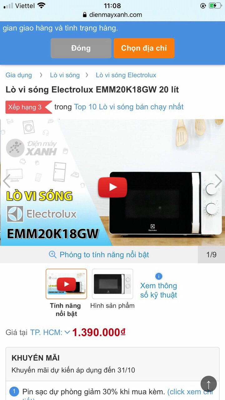 Lò Vi Sóng Electrolux EMM20K18GWI 20