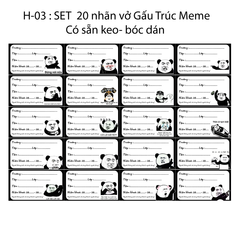Nhãn vở Meme Gấu Trúc - Nhãn dán Gấu Trúc Meme (set 20 nhãn vở khác nhau)
