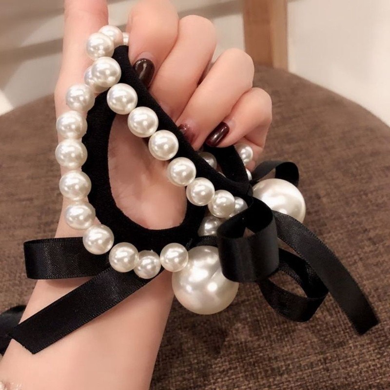 Dây cột tóc đính hạt nhựa thắt nơ đen