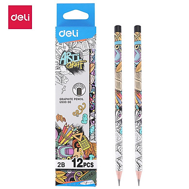 (1 Hộp 12 Cây) Bút chì 2B Deli EU53300, hoạ tiết graphite