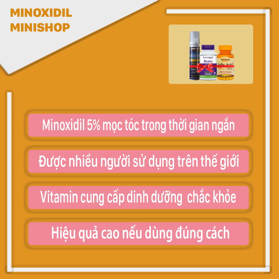 Minoxidil 5% Dạng Bọt Mọc Râu Tóc Combo Biotin Folic