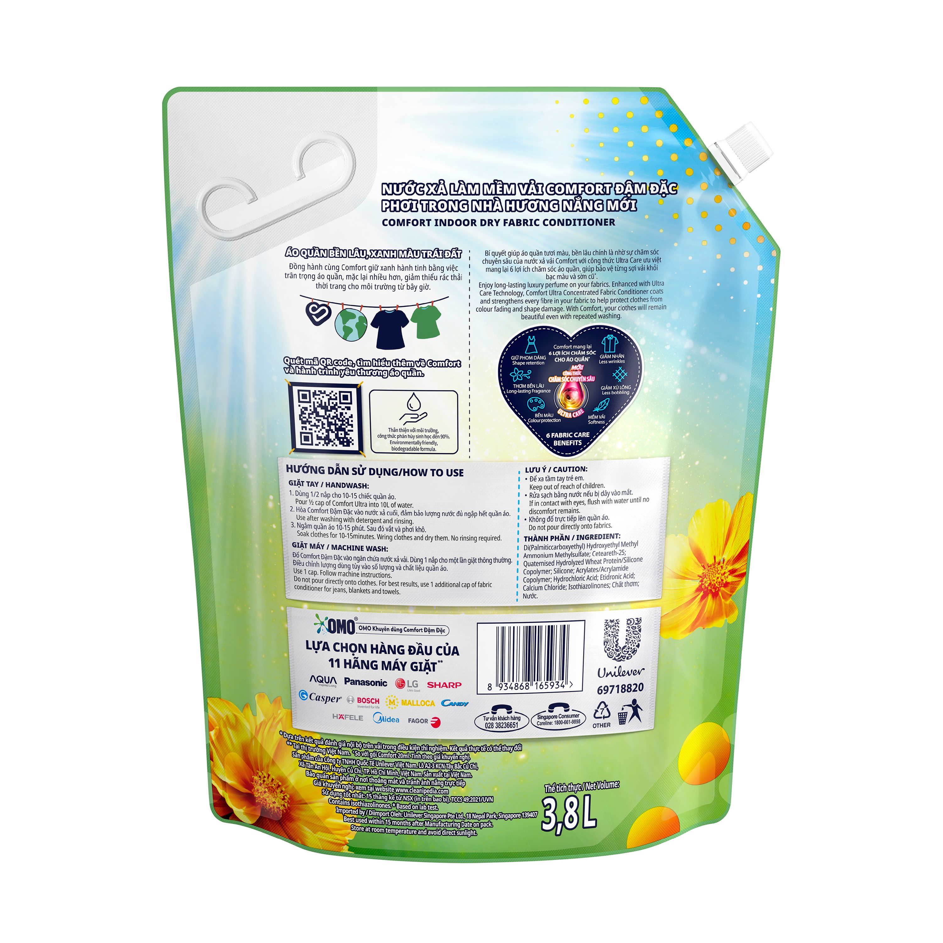 Nước Xả Vải Comfort Đậm Đặc Phơi Trong Nhà Hương Nắng Mới Túi 3.8L