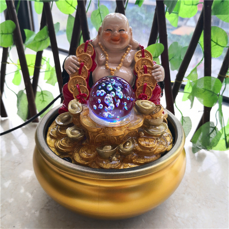 Thác nước phong thủy Phật Di Lạc vàng