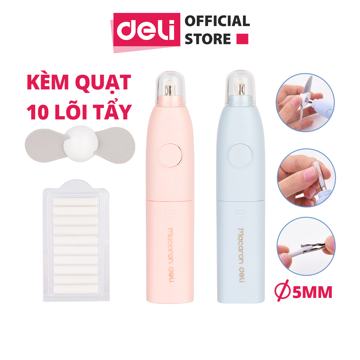 Tẩy điện kèm quạt Deli - chất liệu PVC không độc hại - 10 lõi gôm tẩy 5mm - Hồng/Xanh dương - 1 chiếc - EH02701