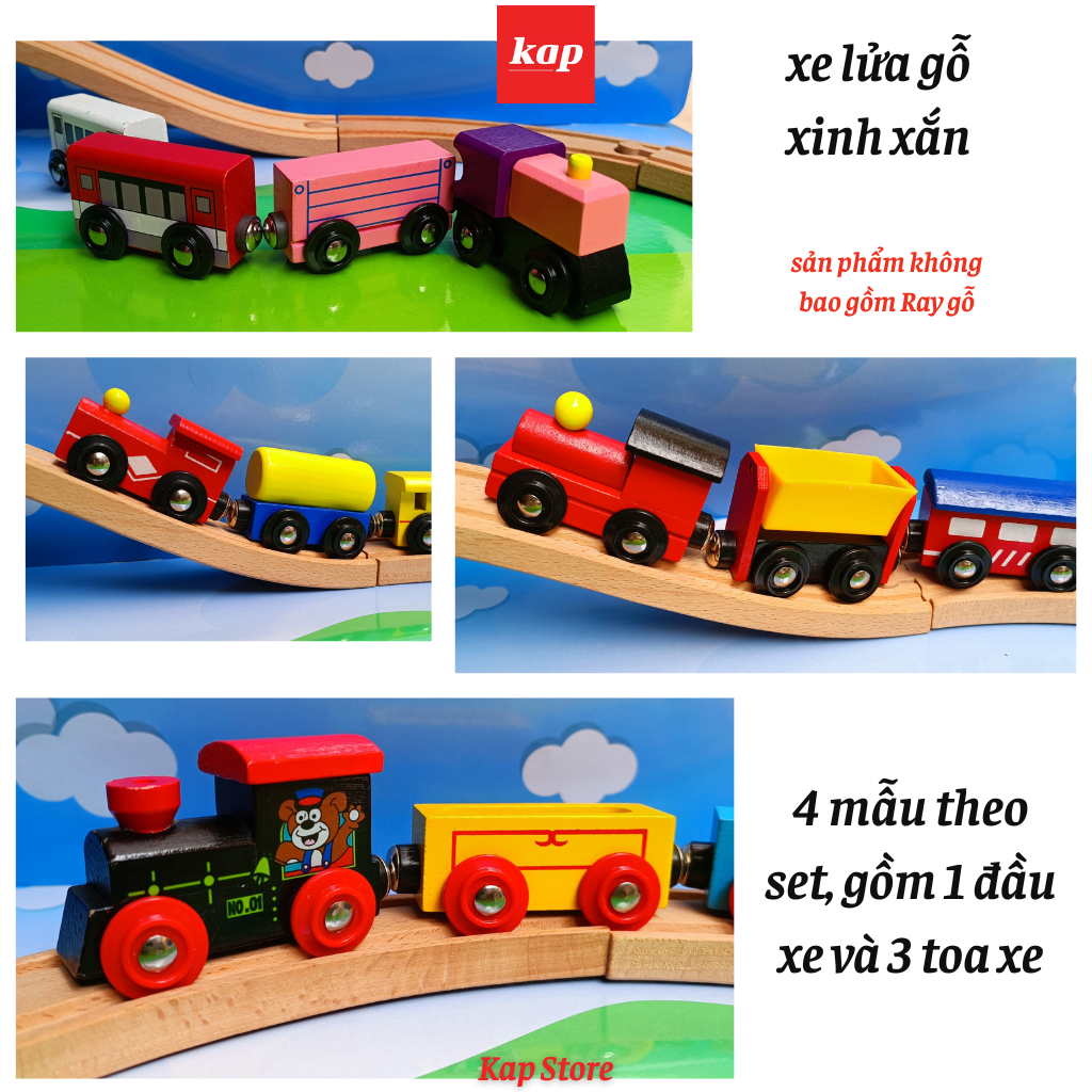 Set 4 toa xe lửa gỗ, phụ kiện đường ray xe lửa gỗ- Set 4 wooden Train