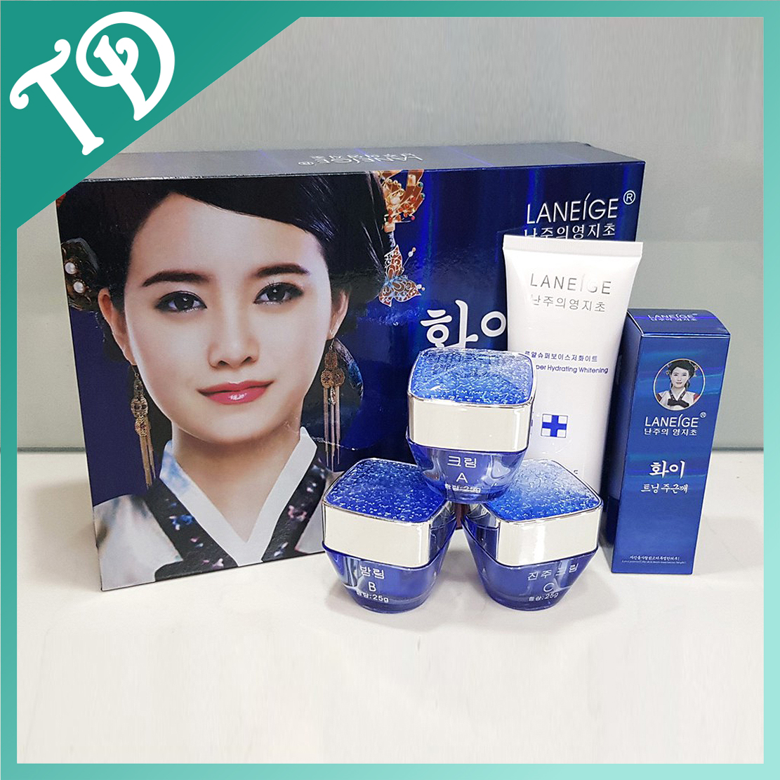 Bộ mỹ phẩm Laneige Xanh 5in1, chuyên làm mờ nám, tàn nhang và dưỡng trắng da, kem nám Hàn Quốc, mỹ phẩm Laneige.