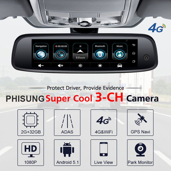 [Trả góp 0%] Camera hành trình gương cao cấp Phisung E09-3 tích hợp 3 camera