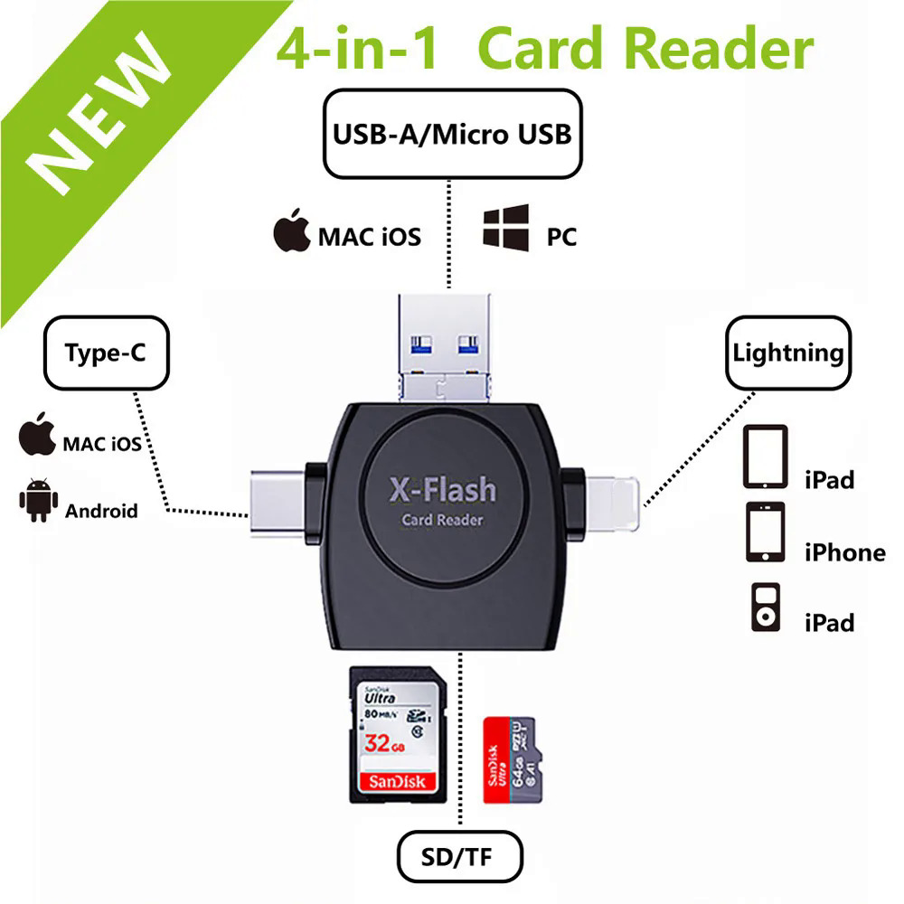 Lightning Card Reader SD TF USB C to MicroUSB Multi Card readers 4in1 Type-C Flash Drive For  7 8 11 12 13 X XR MAX