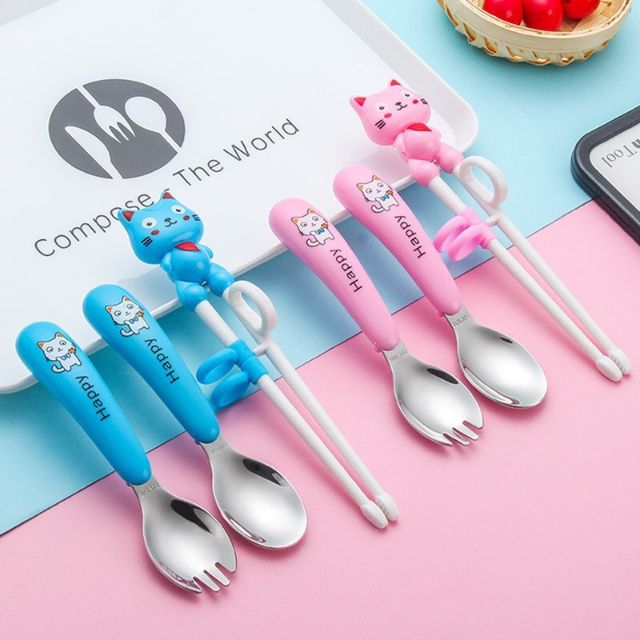 Bộ đũa thìa dĩa ăn dặm inox happy cat cho bé
