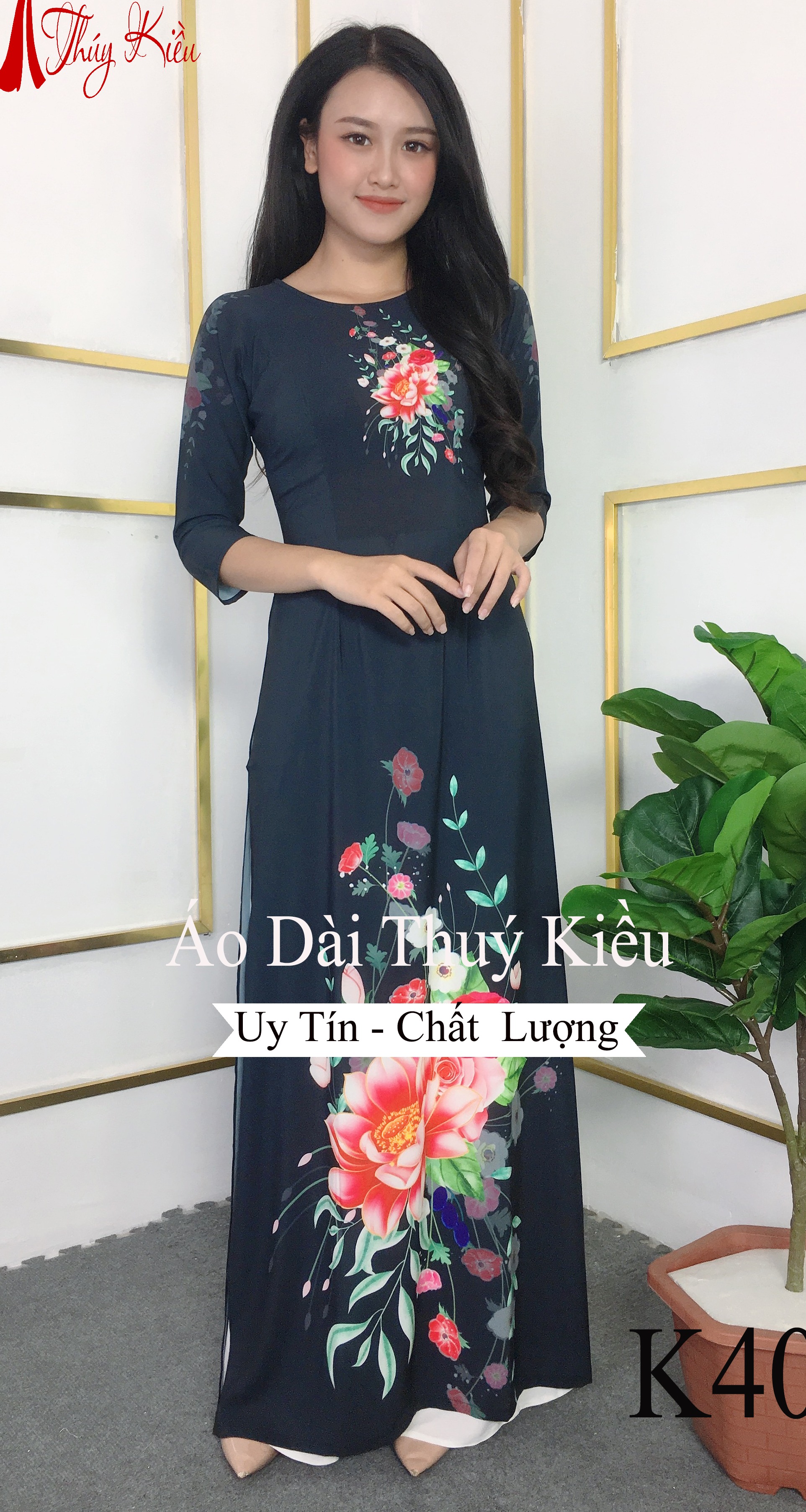 Áo dài truyền thống thiết kế may sẵn tết cách tân nữ nền đen hoa đỏ K40 Thúy Kiều mềm mại co giãn áo dài giá rẻ