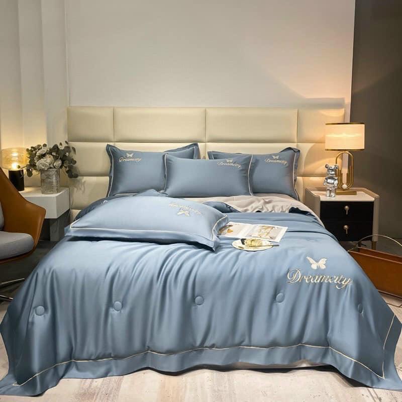 🌹(CHIBEDDING) SET VỎ CHĂN GA GỐI PHI LỤA THÊU NƠ PHỐI VIỀN 4 MÓN NHẬP KHẨU