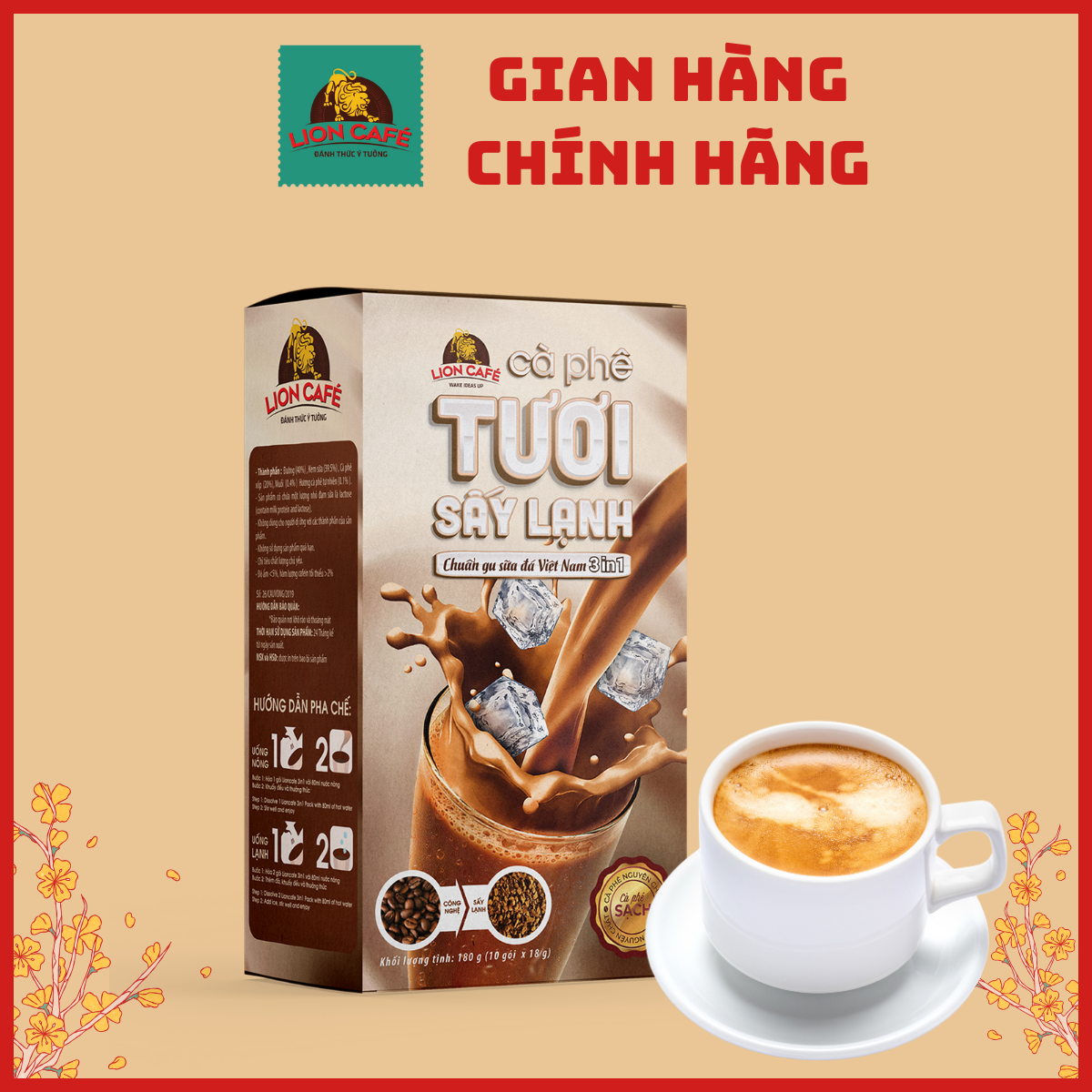 LION CAFE - Cà phê hòa tan 3in1 - Cà phê TƯƠI  Sấy Lạnh - Gu Sữa Đá - Hộp 180g (10 gói x 18g)