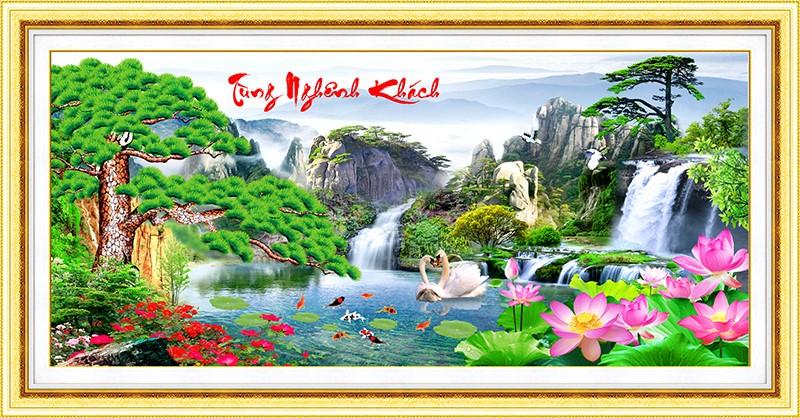 Tranh đính đá phong cảnh Tùng Nghênh Khách VS207, ✓Thương hiệu VENUS, ✓Kích thước lớn 150x72 cm. ✓ Tranh treo phòng khách Tranh đính đá TÙNG NGHÊNH KHÁCH VS207 kích thước 150x72