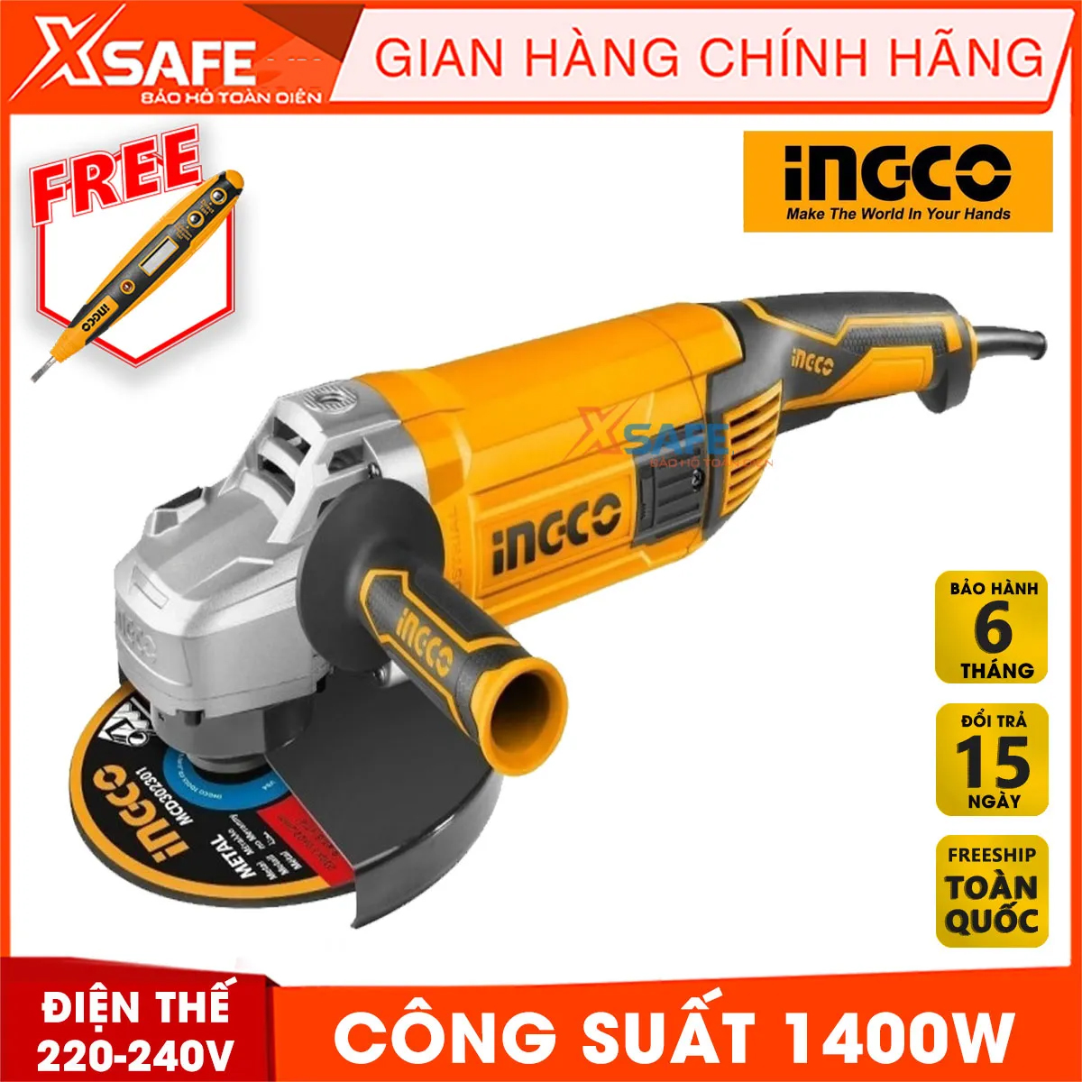Angle grinder INGCO AG24008 bundled 1 auxiliary handle and 1 set charcoal. Machine Portable corner there is no load speed 6300 rpm,, power 2400W genuine warranty 6 months-product genuine XSAFE