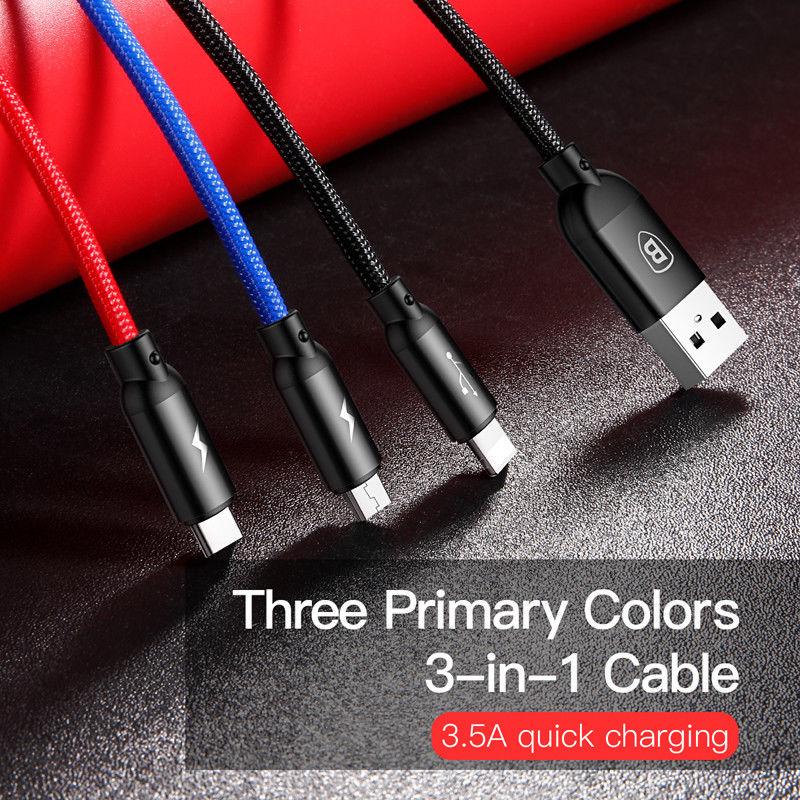 Cáp đa năng Baseus 3 trong 1 cho iPhone, Type C, Micro USB 30cm gọn nhẹ đem đi du lịch