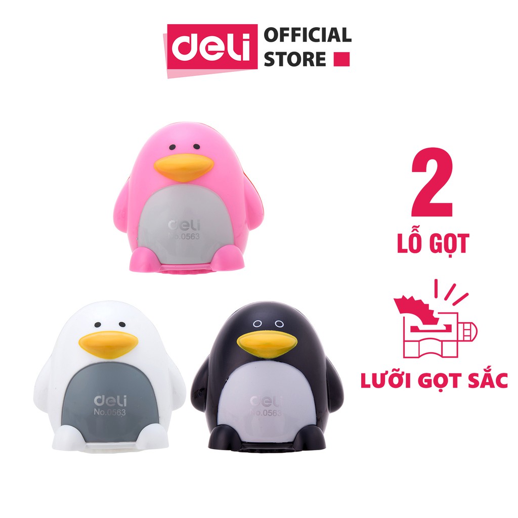 [HCM]Gọt bút chì Deli - hình chim cánh cụt 2 lỗ - Đen Xanh Trắng Hồng - 1 cái E0563