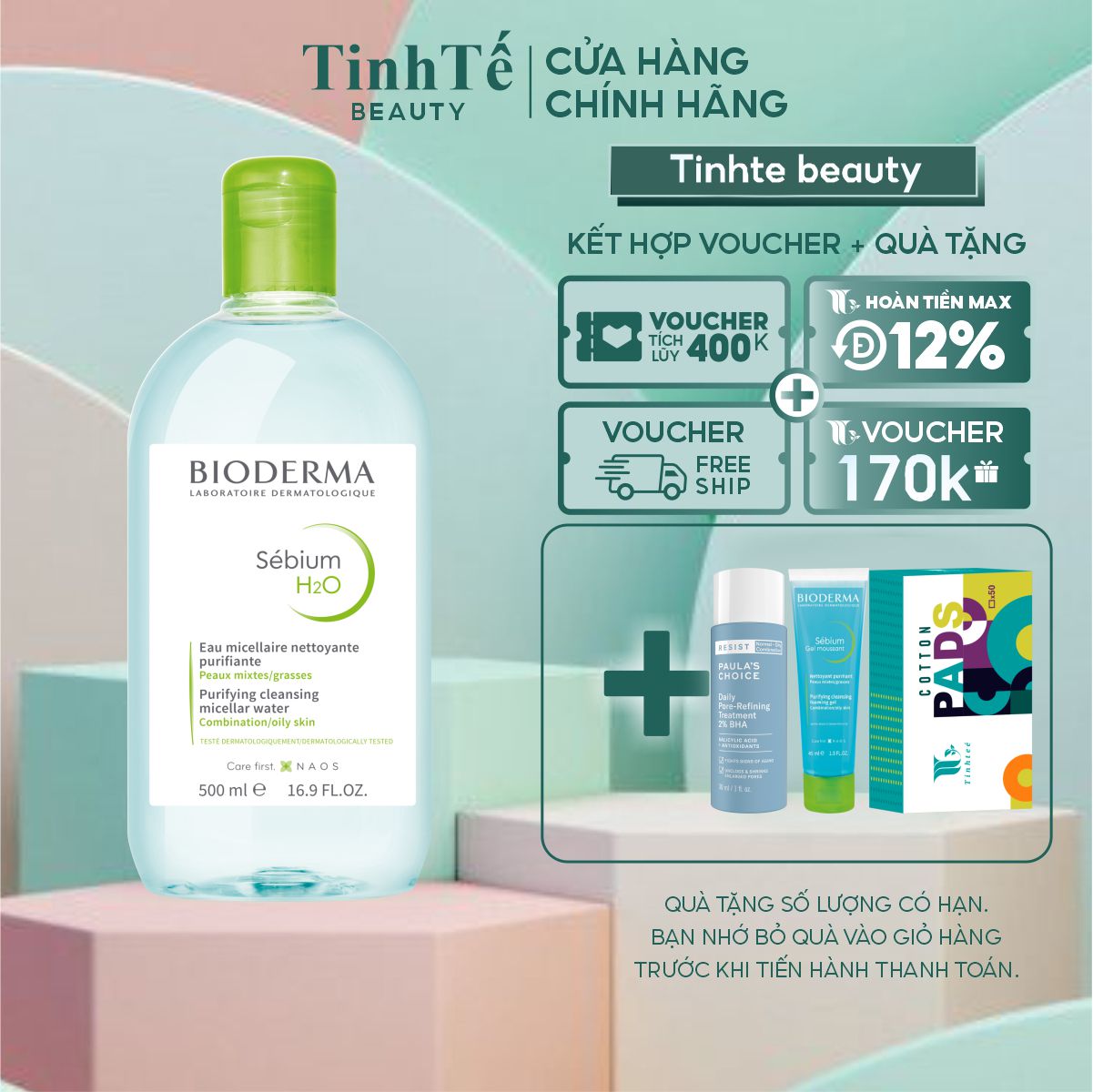 Dung dịch làm sạch và tẩy trang Micellar cho da hỗn hợp đến da dầu Bioderma Sébium H2O 500ml