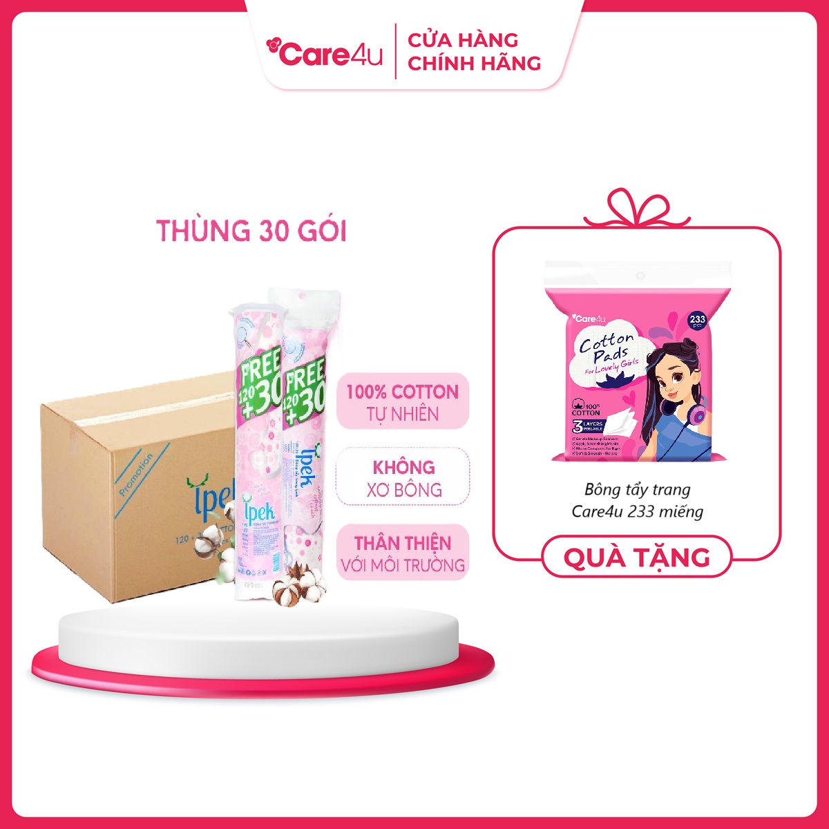 [Tặng bông care4u 233 miếng] THÙNG BÔNG TẨY TRANG IPEK 150 MIẾNG (30 GÓI/ THÙNG)