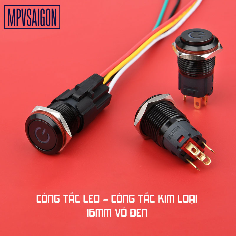 Công tắc 16mm led nguồn vỏ đen nhấn khóa/ mpvsaigon – 16mm led black latching push button switch