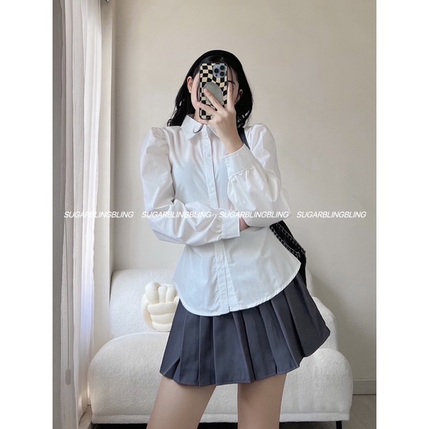 (Sẵn - Ảnh thật) SƠMI TRẮNG TAY DÀI NHÚM EO A129 | Sugarblingbling