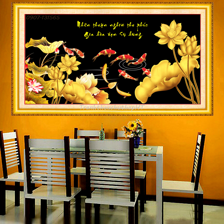 Tranh đính đá 9 cá sen vàng 120*60cm – Tự đính